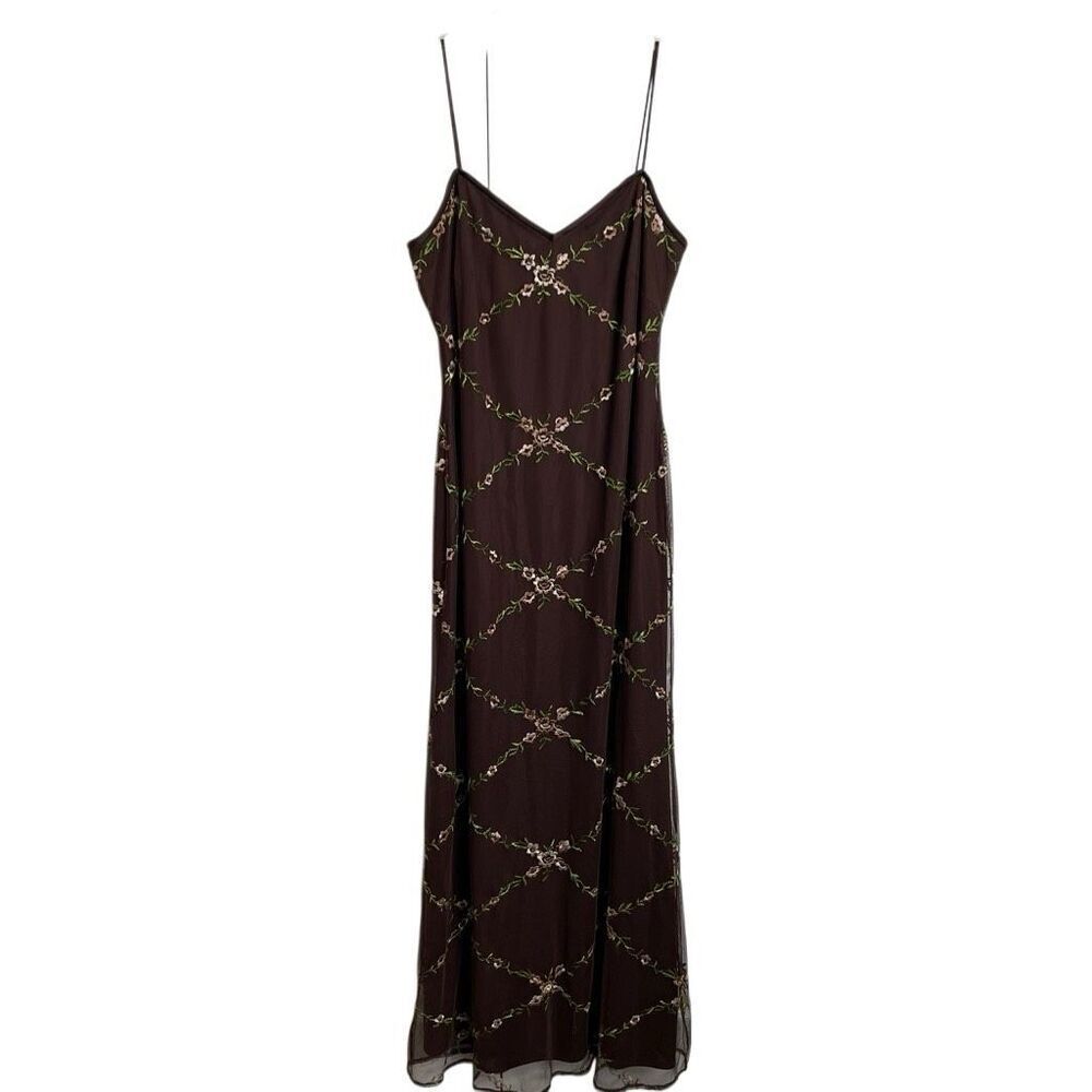 90s Y2K Lace Overlay Maxi Slip Dress 14 Brown Floral Lattice Forest Garden Fairy - Picture 3 of 9